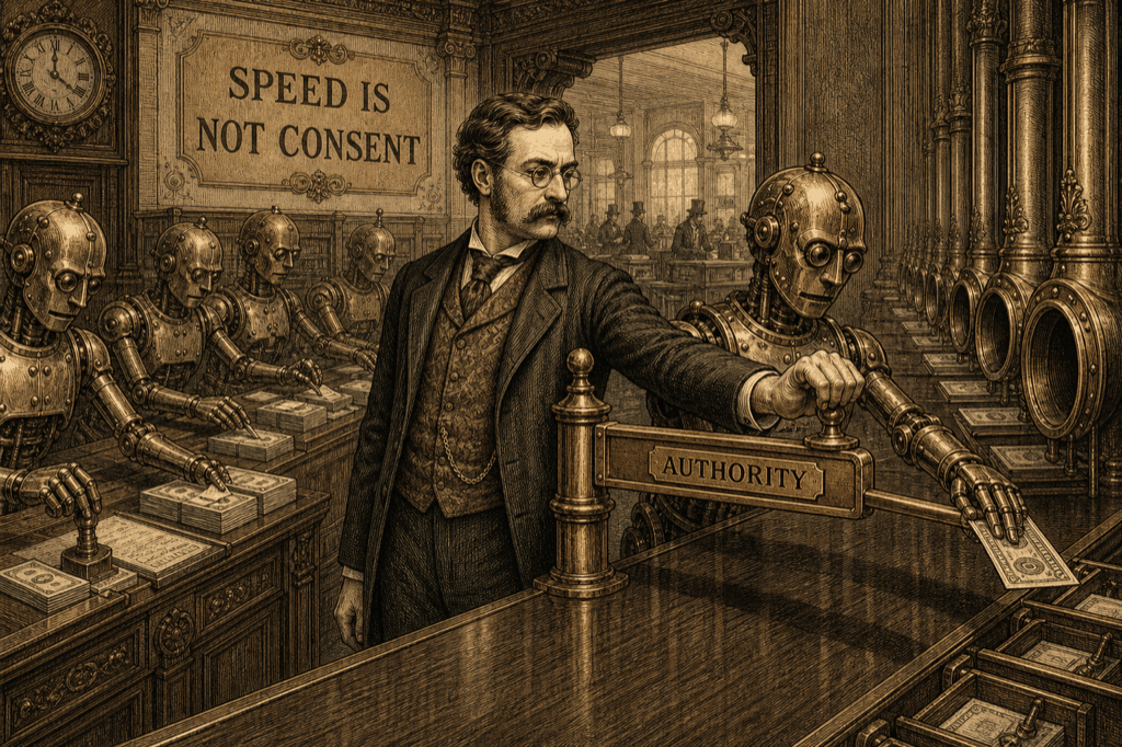 A vintage engraving of a bank counting house where mechanical clerks push out payments and a human supervisor closes a brass gate marked Authority to stop one mid-transaction.